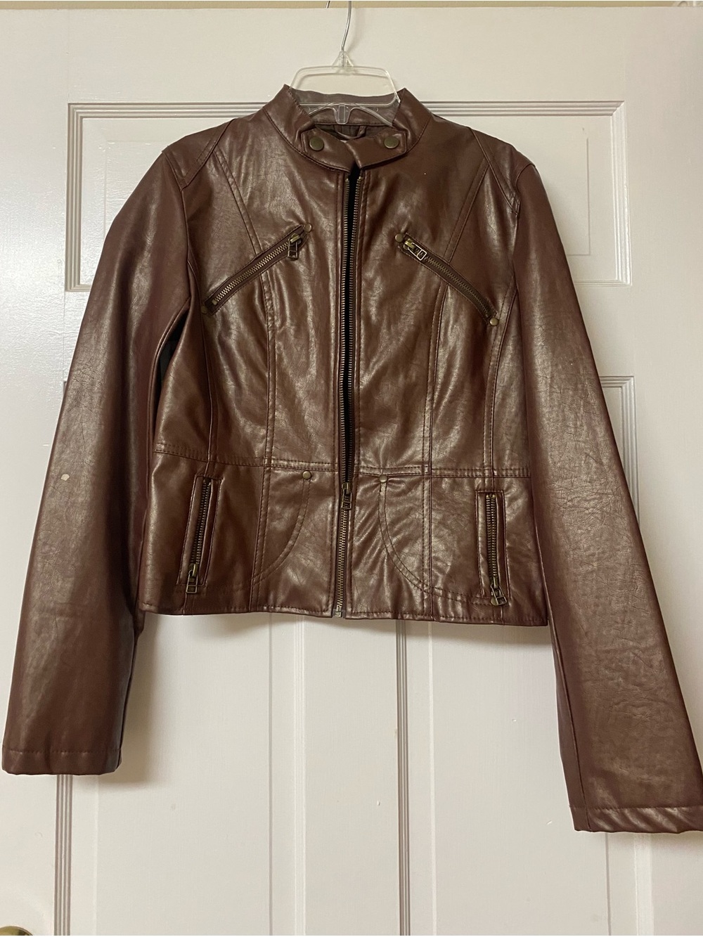 Body Central Brown Faux Leather Zip-Front Moto Jacket